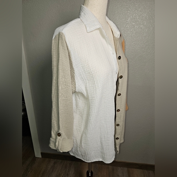 Shannon Passero Colorblock Button Up Gauzy 100% Cotton Shirt.  Tan Cream.  Lg - Picture 3 of 13